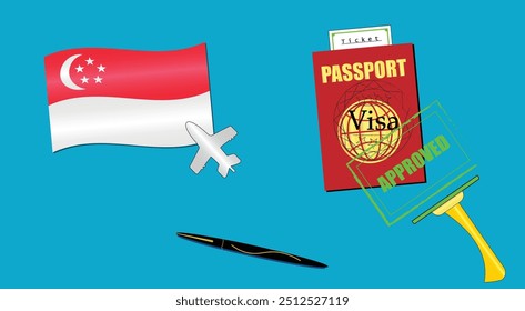 Singapore flag with white plane icon. Passport with visa approved stamp. Black stylish Pen. Singapore Travel poster. Editable vector EPS available