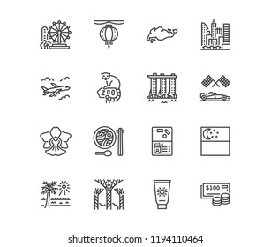 Singapore flat line icons. Tourism landmarks - ferris wheel, skyscrapers cityscape, orchid, zoo, cuisine vector illustrations. Thin signs for travel agency. Pixel perfect 64x64. Editable Strokes.