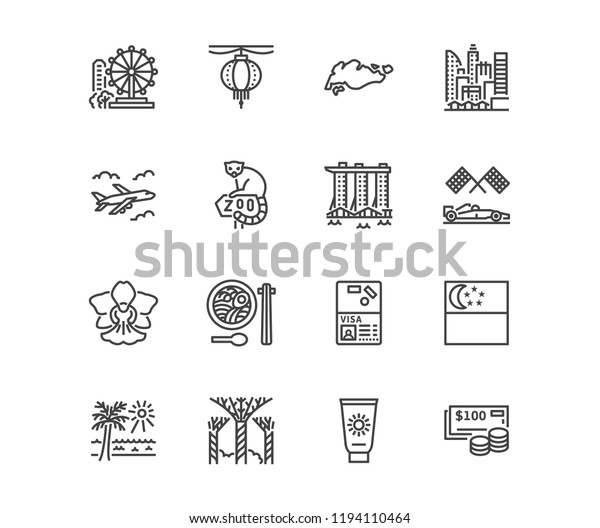 Singapore flat line icons. Tourism landmarks -\
ferris wheel, skyscrapers cityscape, orchid, zoo, cuisine vector\
illustrations. Thin signs for travel agency. Pixel perfect 64x64.\
Editable Strokes.