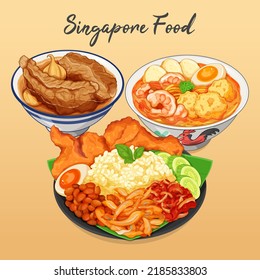 Singapore Food Nasi Lemak Rice Cooker, Bak Kut Teh and Laksa Lemak Menu Close Up Illustration Vector. Malaysian coconut milk rice with sambal. Pork ribs soup chinese food. Asian shrimps laksa noodles.