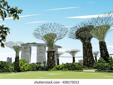 Singapore. Gardens by the Bay. Unusual perspective hand drawn sketch. City vector illustration