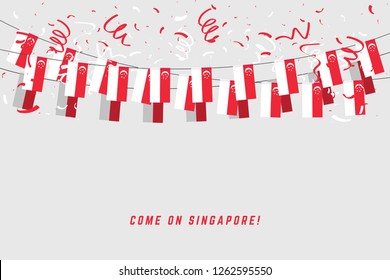 Singapore garland flag with confetti on gray background, Hang bunting for Singapore celebration template banner.