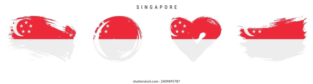 Singapore hand drawn grunge style flag icon set. Singaporean banner in official colors. Free brush stroke shape, circle and heart-shaped. Flat vector illustration isolated on white.