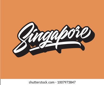 Singapore hand made lettering logotype in original brush pen calligraphy style. Colourful logotype ready to use print. Asian country logo design in custom typography font.