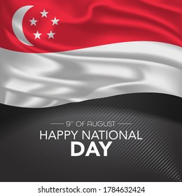 Singapore happy national day greeting card, banner, vector illustration. Singaporean memorial holiday 9th of August design element with realistic flag with stripes, square format