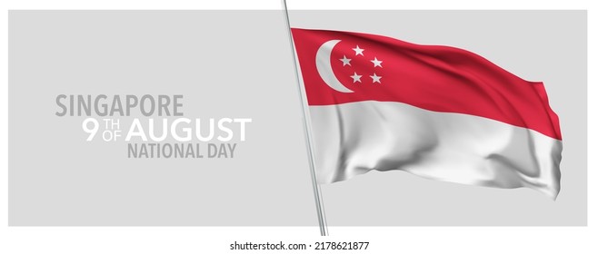 Singapore happy national day greeting card, banner with template text vector illustration. Singaporean memorial holiday 9th of August design element with 3D flag withcrescent