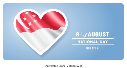 Singapore happy national day greeting card, banner vector illustration. Singaporean holiday 9th of August design element with 3D flag