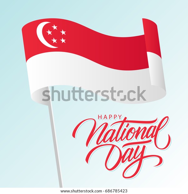 シンガポール国旗と手書きの文字のテキストデザインを振り回すシンガポールハッピーナショナルデーグリーティングカード ベクターイラスト のベクター画像素材 ロイヤリティフリー 686785423