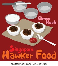 Singapore Hawker Food: Chwee Kueh ist ein gedünsteter Reiskuchen mit süßem Chai Poh (konservierte Rübse) und serviert mit Sambal Chilis. Es ist auch in Malaysia sehr beliebt.