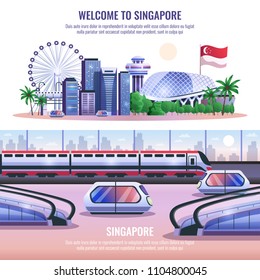 Singapore horizontal banners with modern metropolis architecture and autonomous unmanned vehicles and headline welcome to singapore  vector illustration