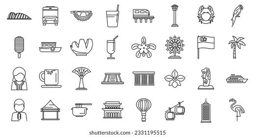 Singapore icons set outline vector. Park airport. City palm