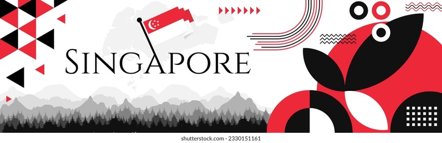 Singapore Independence Day abstract banner design with flag and map. Flag color theme geometric pattern retro modern Illustration design. Red flag color template.
