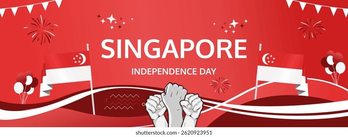 Singapore Independence Day modern greeting banner. 9 August Happy National Day. Festive horizontal templates in flag colors, great for festival event, poster, tourism campaign, and holiday sale
