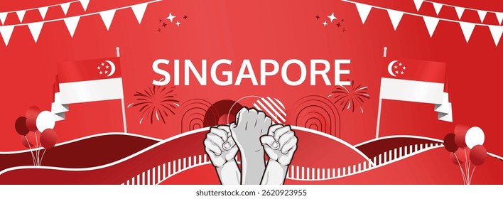 Singapore Independence Day modern greeting banner. 9 August Happy National Day. Festive horizontal templates in flag colors, great for festival event, poster, tourism campaign, and holiday sale