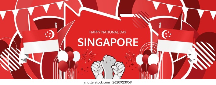 Singapore Independence Day modern greeting banner. 9 August Happy National Day. Festive horizontal templates in flag colors, great for festival event, poster, tourism campaign, and holiday sale