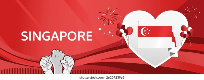 Singapore Independence Day modern greeting banner. 9 August Happy National Day. Festive horizontal templates in flag colors, great for festival event, poster, tourism campaign, and holiday sale