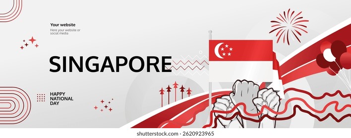 Singapore Independence Day modern greeting banner. 9 August Happy National Day. Festive horizontal templates in flag colors, great for festival event, poster, tourism campaign, and holiday sale