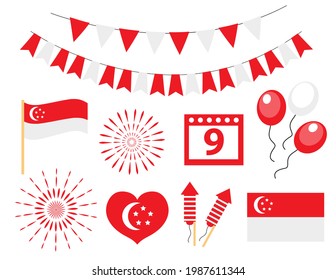 Singapore Independence Day, National Holiday Icons Set. Vector Illustration.