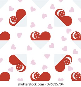 Singapore independence day seamless pattern. Patriotic country flag background. Singapore flag in the shape of heart. Vector seamless pattern.