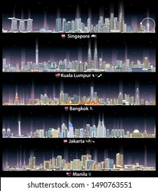 Singapore, Kuala Lumpur, Bangkok, Jakarta and Manila cityscapes at night with neon lights effect vector illustrations