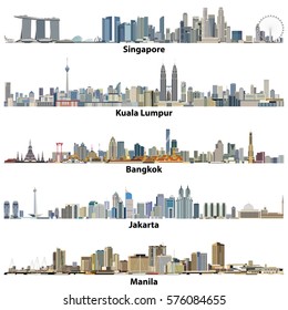 Singapore, Kuala Lumpur, Bangkok, Jakarta and Manila skylines vector illustrations