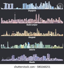 Singapore, Kuala Lumpur, Bangkok, Jakarta and Manila skylines at night in different color palettes vector illustrations