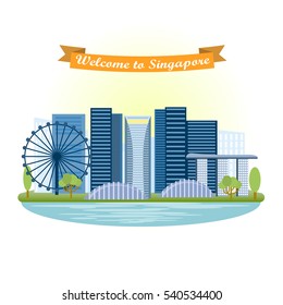 Singapore Landmark. Attraction. Illustration Singapore in flat style. Panoramic of city.