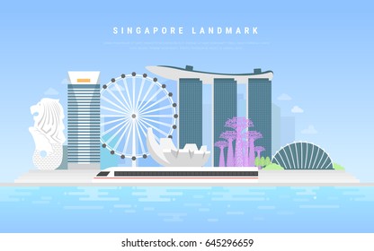 Singapore Landmark. Flat Design, a city state in Southeast Asia. Vector illustration.