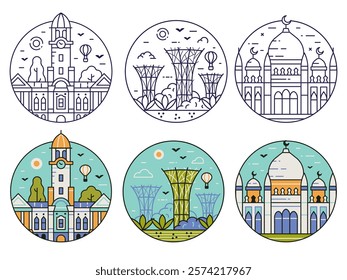 Singapore landmarks circle travel icons with famous places including gardens, mosque and theater. Popular Singapore architectural symbols and tourist attractions set in line art style.