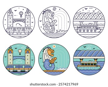 Singapore landmarks circle travel icons with famous places including bridge, lion and resort island. Popular Singapore architectural symbols and tourist attractions set in line art style.