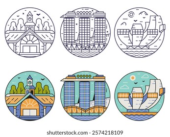 Singapore landmarks circle travel icons with famous places including hotel, art museum and street food market. Popular Singapore architectural symbols and tourist attractions set in line art style.