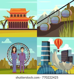 Singapore landmarks collection 4 orthogonal icons square with marina bay flyer museum cable car isolated vector illustration 