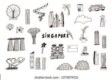 Singapore line design with city attractions. Travel vector illustration for tourist guides, flyers.