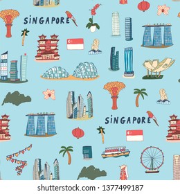 Singapore line design with city attractions. Travel vector seamless pattern for tourist guides, flyers, textile.