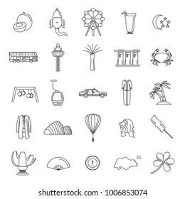 Singapore line icons set isolated on white background. Vector illustration with Singapore architecture, food and culture elements web icons in line style.