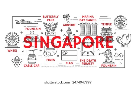 Singapore line travel and landmarks. Vector linear iconic famous place symbols or signs. Butterfly park, airport, marina bay sands, temple and wheel. Fines, flag, death penalty, fountain and cable car