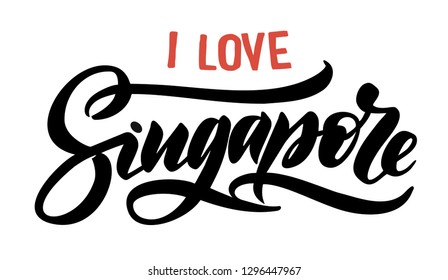 Singapore logo, lettering, calligraphy. Hand drawn i love singapore Logos for banner, poster, postcard, website. Print on shirt, bag, cup, bag, ballon. Vector template