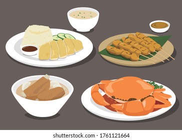 Singapore / Malaysia Food Collection. Hainanese chicken rice, Bak kut teh, chilli mud crab, Chicken Satay with Sauce Peanuts