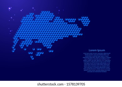 Singapore map from 3D blue cubes isometric abstract concept, square pattern, angular geometric shape, glowing stars. Vector illustration.