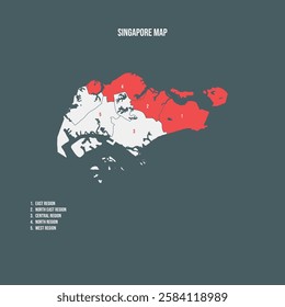 Singapore Map with 5 Regions - Vector Illustration