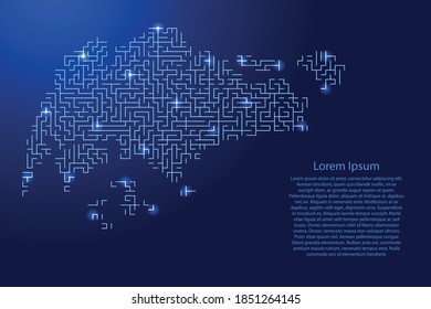 Singapore map from blue pattern of the maze grid and glowing space stars grid. Vector illustration.