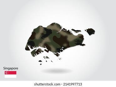 Singapore Map With Camouflage Pattern, Forest - Green Texture In Map. Military Concept For Army, Soldier And War. Coat Of Arms, Flag.