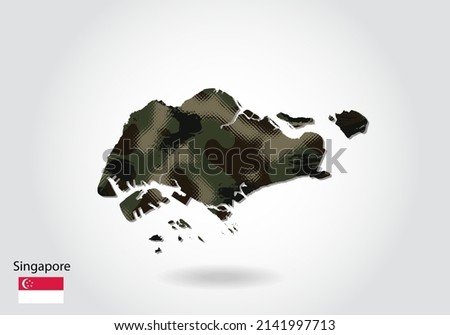 Singapore map with camouflage pattern, Forest - green texture in map. Military concept for army, soldier and war. coat of arms, flag.