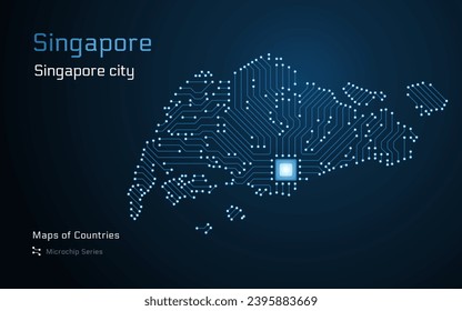 Singapore Map with a capital of Singapore City Shown in a Microchip Pattern with processor. E-government. World Countries vector maps. Microchip Series