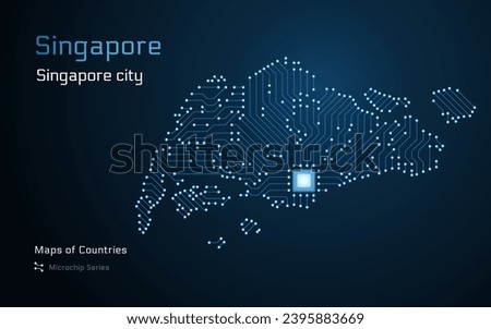 Singapore Map with a capital of Singapore City Shown in a Microchip Pattern with processor. E-government. World Countries vector maps. Microchip Series