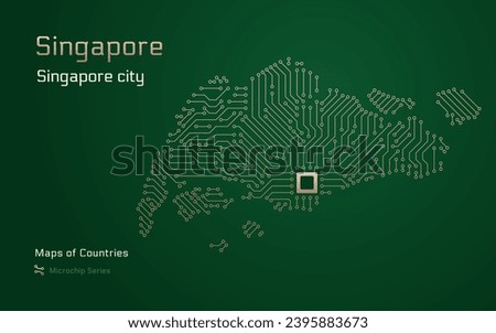 Singapore Map with a capital of Singapore City Shown in a Microchip Pattern with processor. E-government. World Countries vector maps. Microchip Series