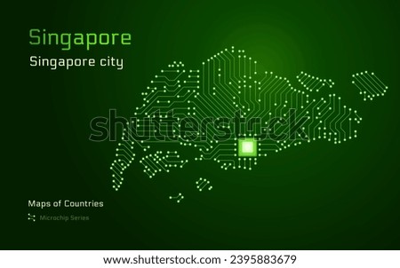 Singapore Map with a capital of Singapore City Shown in a Microchip Pattern with processor. E-government. World Countries vector maps. Microchip Series