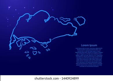 Singapore map from the contour blue brush lines different thickness and glowing stars on dark background. Vector illustration.