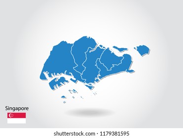 Singapore map design with 3D style. Blue Singapore map and National flag. Simple vector map with contour, shape, outline, on white.