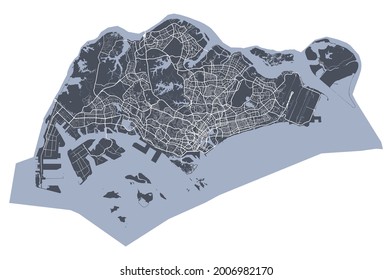 Singapore map. Detailed vector map of Singapore city administrative area. Cityscape poster metropolitan aria view. Dark land with white streets, roads and avenues. White background.